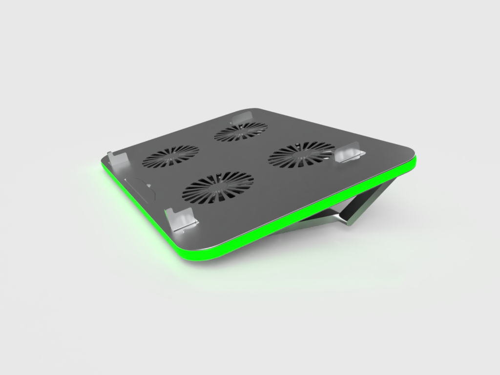 Éclaté : coque avant, quatre ventilateurs et enrouleur du câble USB.