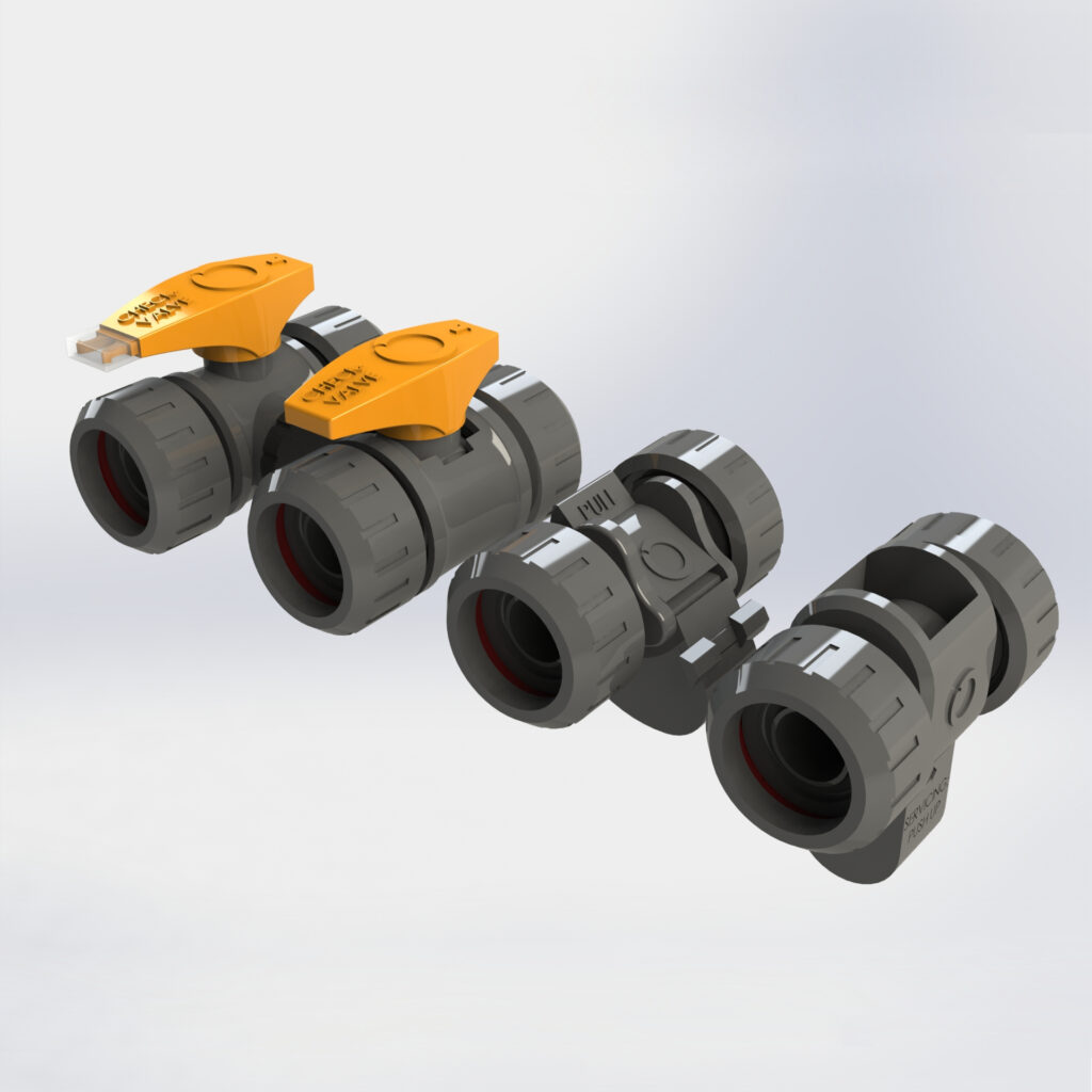 4 objets rendus en 3D sur fond blanc